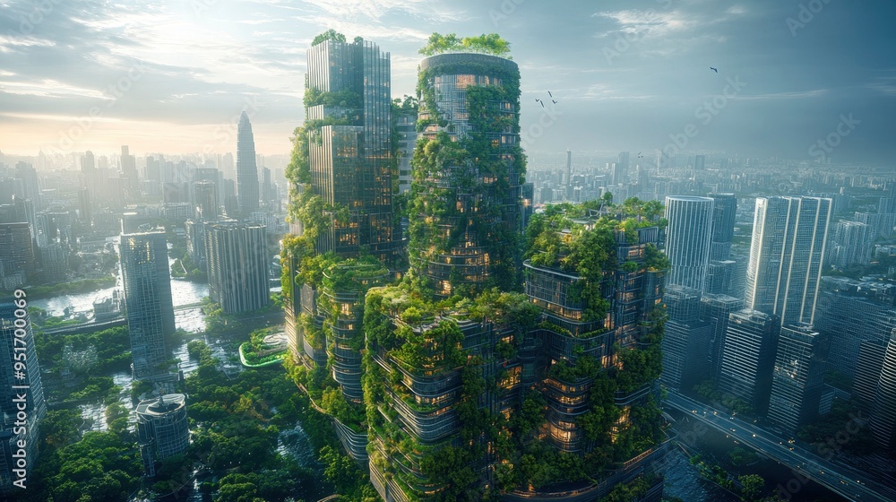 Aerial view of a smart city focused on sustainability, featuring ...