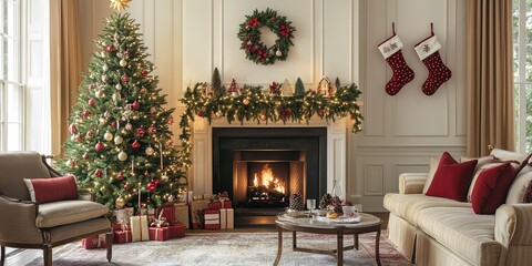 A living room displays a stunning Christmas tree filled with ornaments and lights, complemented by a warm fireplace and festive stockings hung above