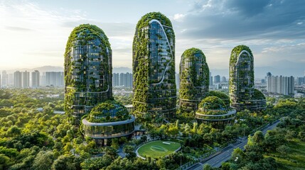 Wall Mural - Aerial view of a smart city focused on sustainability, featuring futuristic skyscrapers with vertical gardens. The panorama captures MICE freeform architecture and sports entertainment venues, all