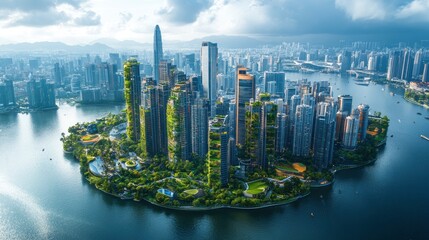 Wall Mural - Overhead view of a smart city, where sustainability meets innovative architecture. The panorama highlights vertical gardens on skyscrapers, alongside MICE freeform structures and sports entertainment