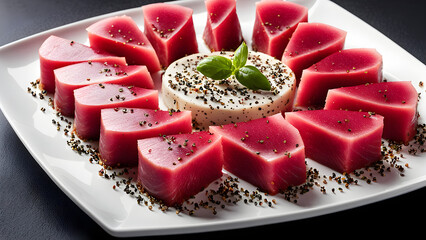 Wall Mural - A plate of tuna sashimi, sprinkled with seasonings, delicious and healthy food, high-end Japanese ingredients