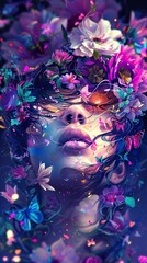 Sticker - Surreal Woman With Flowers and Butterflies