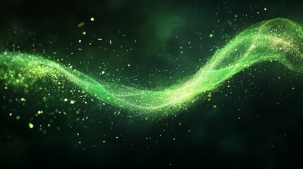 Green shiny line spiral spring wind effect with dust particles and leaves particles on black background. Concept of freshness, growth, spring, summer and ecology.