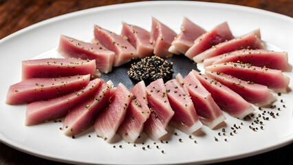 Wall Mural - A plate of tuna sashimi, sprinkled with seasonings, delicious and healthy food, high-end Japanese ingredients