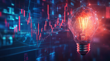 Vector illustration of 3D polygonal stock market candlesticks inside a digital light bulb, representing an economics innovation concept. Includes stock market graph charts and a lamp, illustrating a t