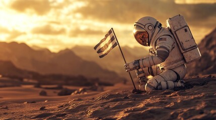 Astronaut Planting Flag on Mars