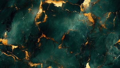 Wall Mural - Seamless marble texture in dark green with gold veins, [Abstract Background Marble], [Earthy and luxurious]