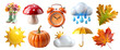 © оLeo Studio - Autumn funny icons set isolated on transparent white background, png element. Colorful clipart  Alarm clock with fall leaves, umbrella, weather icons and pumpkin with mushroom in glossy plastic style.