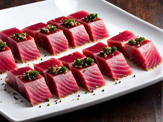 A plate of tuna sashimi, sprinkled with seasonings, delicious and healthy food, high-end Japanese ingredients