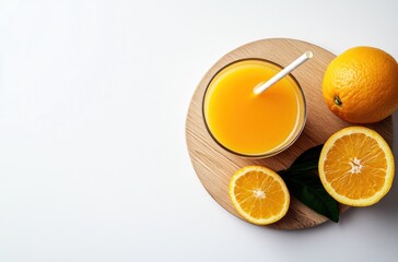 Poster - Glass of Orange Juice with Orange Slices on Wooden Board