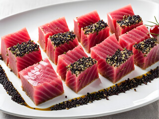 Wall Mural - A plate of tuna sashimi, sprinkled with seasonings, delicious and healthy food, high-end Japanese ingredients