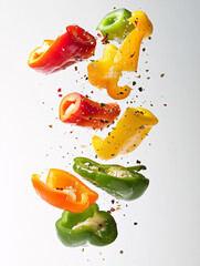 Wall Mural - Colorful Bell Peppers Flying with Spices