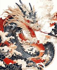 Canvas Print - A vibrant illustration of a dragon amidst swirling clouds, showcasing intricate details.