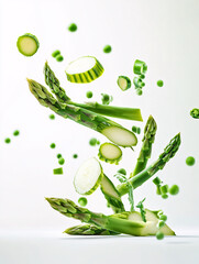 Wall Mural - Fresh Green Asparagus and Peas in Mid-Air