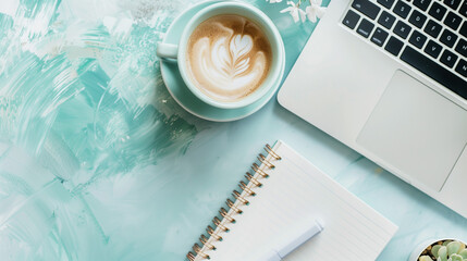  Serene pale pink、 pale blue and white flat lay featuring a laptop, coffee, and notebooks, embodying a chic and productive lifestyle for your blog.