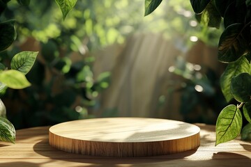 3d Wooden product display podium with blurred nature leaves background. 3d empty wood pedestal display podium mockup with nature leaves and natural leaf shadow. 3D render. generative ai