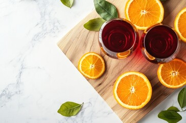 Canvas Print - Refreshing Orange and Wine on a Wooden Board