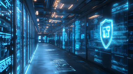 Wall Mural - digital illustration of cybersecurity and data centre protection. shield icon with a padlock symbol 