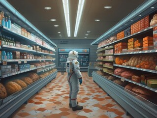 Astronaut in the supermarket, shopping.