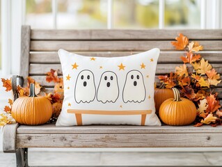 Sticker - Cute Ghost Pillow on a Bench for Halloween.