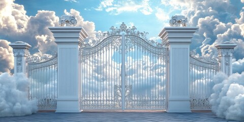 Ethereal Heavenly Gateway: Dreamy Celestial Realm with Sacred Clouds. Minimalist Spiritual Composition for Marketing, UI, and Graphic Design. Elegant Abstract Background with Faith and Freedom Concept