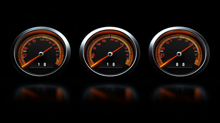 Car speedometers set against a black background, suitable for transportation, racing, or various other design projects.