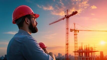 Construction worker observes crane operation at sunset, showcasing teamwork and dedication in building a thriving community.