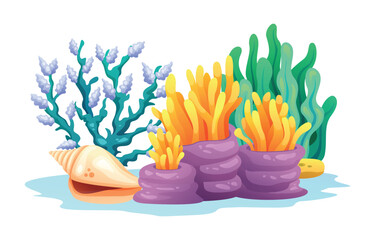 Coral with seaweed and seashell, marine life illustration. Vector cartoon illustration