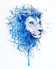 Canvas Print - A blue artistic depiction of a lion's head with flowing mane and splashes of color.