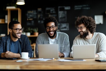 Three men in casual attire sit at a table with their laptops, smiling and engaged in discussion, reflecting collaboration and a positive team dynamic in a modern work setting.