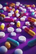 © DexAwan - Assorted colorful pills and capsules scattered on a purple background.