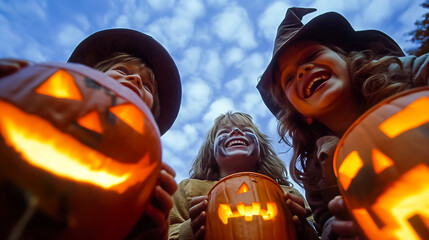 Wall Mural - A group of children, adorned in festive costumes, cheerfully displays their carved pumpkins as they enjoy a joyful Halloween evening beneath a vibrant blue sky