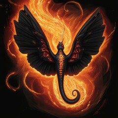 Wall Mural - A fiery Black mamba with outstretched wings, made of dancing flames, flying through a black void, with sparks trailing behind it.