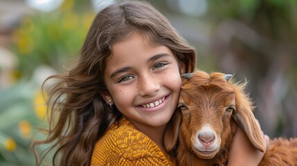 Poster - A young girl with long, wavy hair smiles while holding a brown goat. They are outdoors, surrounded by greenery and flowers, creating a warm and joyful atmosphere.