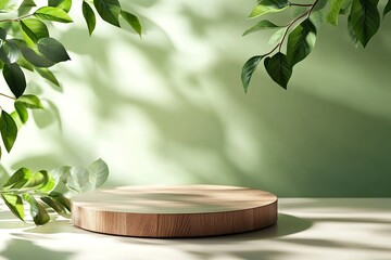 3d Wooden product display podium with blurred nature leaves background. 3d empty wood pedestal display podium mockup with nature leaves and natural leaf shadow. 3D render. generative ai