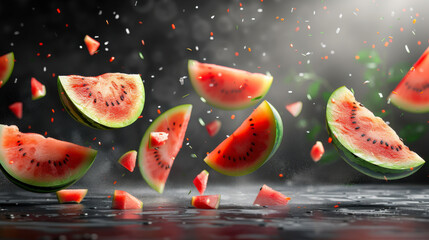 Falling juicy watermelon isolated on transparent background. Flying defocusing slices of watermelon. Applicable for fruit juice advertising