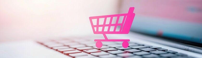 Poster - Pink Shopping Cart Icon on Laptop Keyboard.