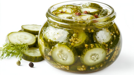 Tasty marinated pickled cucumbers, isolated on a white background.