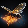 © Illustrations - A fiery Black Assassin Bug with outstretched wings, made of dancing flames, flying through a black void, with sparks trailing behind it.