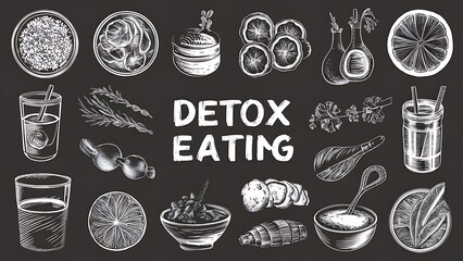 Vector collection of hand drawn vegetarian food and drinks ingredients. Detox diet products sketch set. Vintage healthy eating illustration on chalkboard