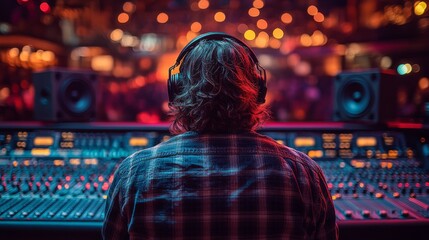 sound engineer wearing headphones and monitoring sound levels on a digital screen, with various audio devices and stage lighting in the backgrounds