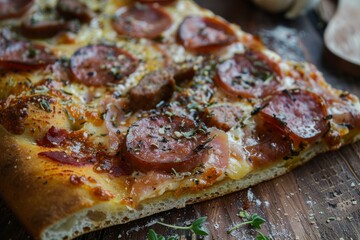 Sticker - Mouthwatering square pizza with melted cheese and herbs lying on rustic wooden table