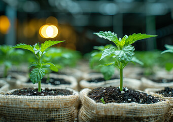 Young cannabis plants growing in burlap bags in a greenhouse. Two small cannabis plants thrive in burlap bags filled with rich soil under greenhouse lighting