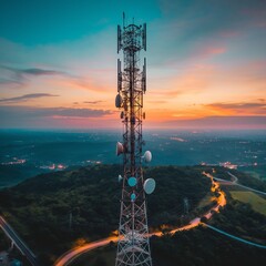 tower at sunset. mobile phone communication antenna tower. network