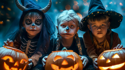 Wall Mural - Three kids dressed in creative Halloween costumes sit together, showcasing their spooky face paint. They are in a cozy setting illuminated by carved pumpkins, creating an enchanting atmosphere