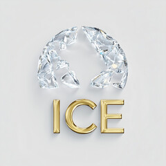 ICE logo in gold with transparent icy circle around. Glass mock up circle with typography word ICE. 3D render isolated on white background.