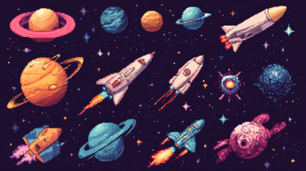 8-bit pixel art space game assets, including galaxy planets, rockets, starcraft, and retro arcade ga