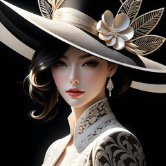 Discover the captivating image of a woman in an elegant hat, her face partially hidden, against a striking black background. A mysterious and refined scene awaits.