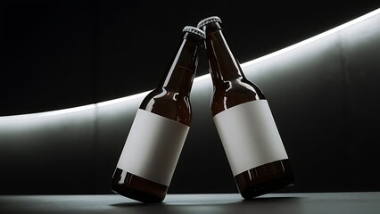 Low angle view of two glass bottles with beer and blank labels in row on dark background with back light