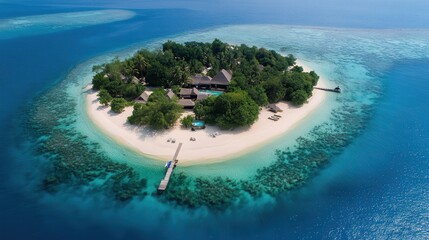 Aerial view of a tropical island with white sand beaches and clear blue waters.